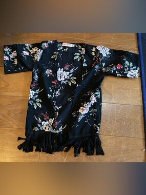 Floral Kimono Top with Fringe - Black